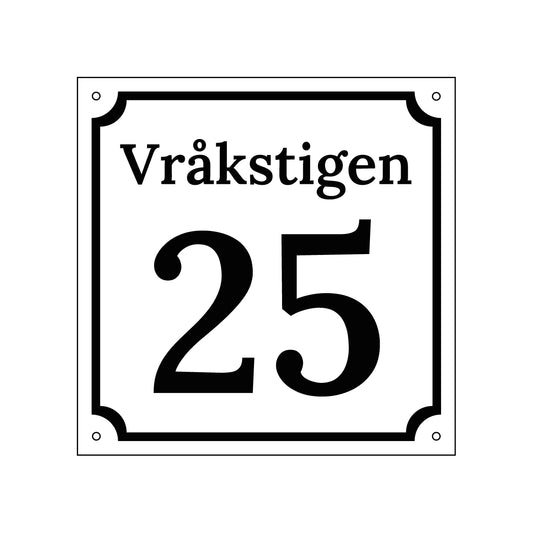 Husnummerskylt - Vit/Svart - 200x200mm - Gammaldags stil