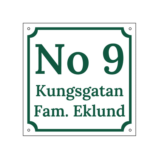 Husnummerskylt - Vit/Grön - 200x200mm - Gammaldags stil